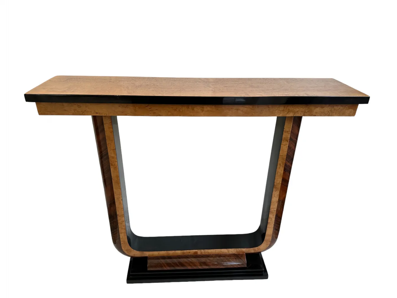 antique console with smooth top and U-shaped legs