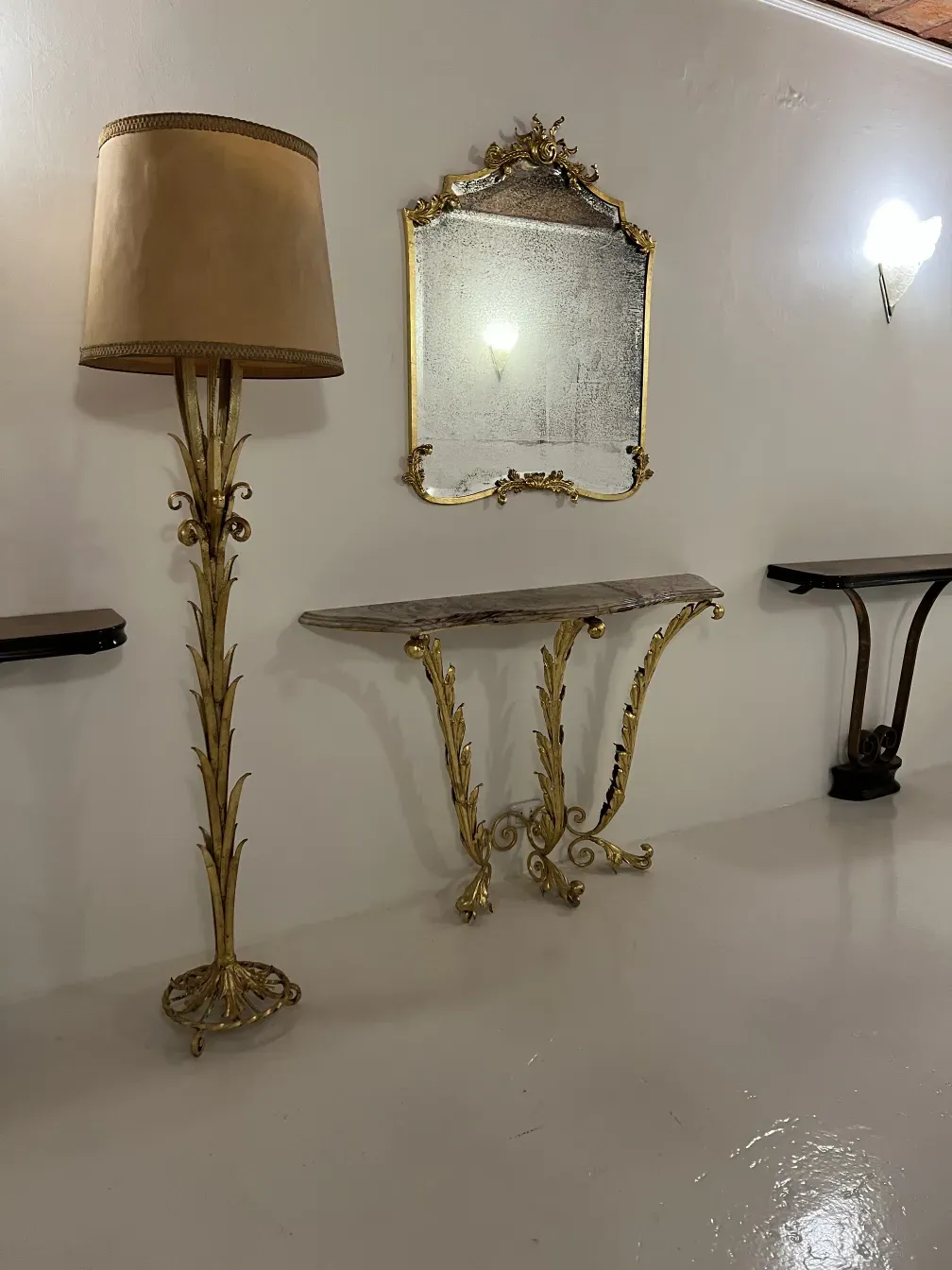 antique golden console with mirror and lamp