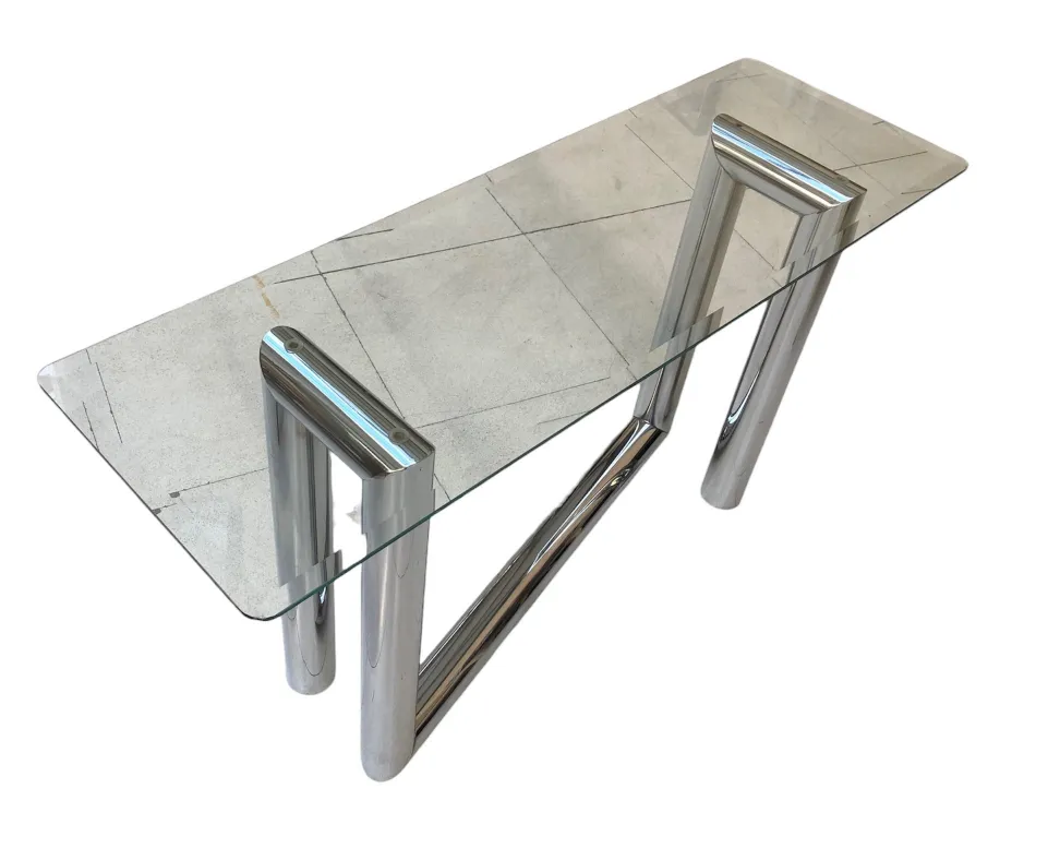 antike Konsole mit Metallbasis und Glasoberfläche