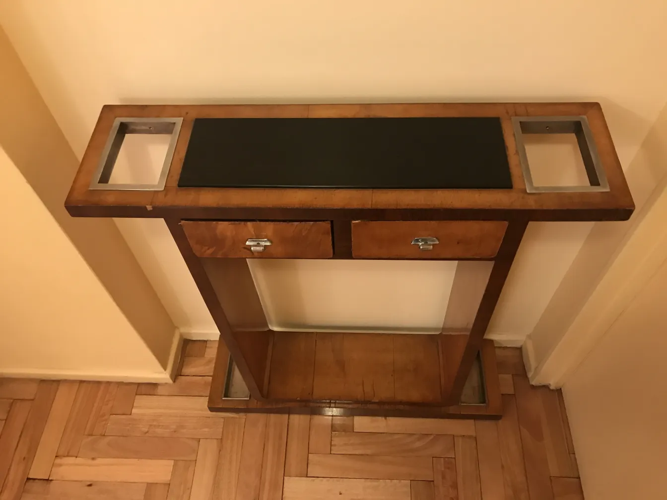 tavolo console antico con due cassetti e superficie nera