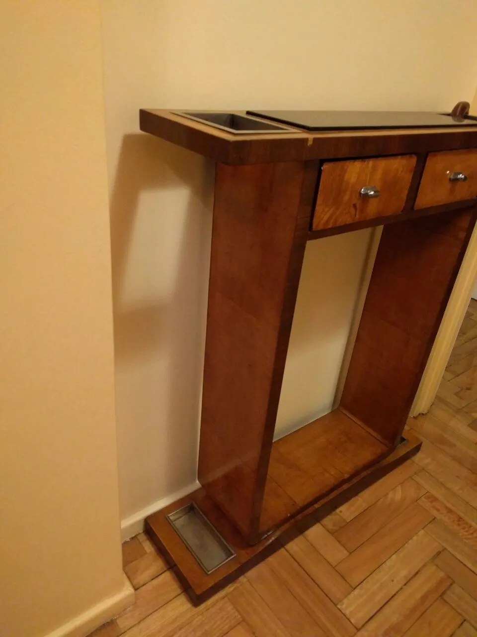 tavolo console antico in legno con due cassetti, design classico