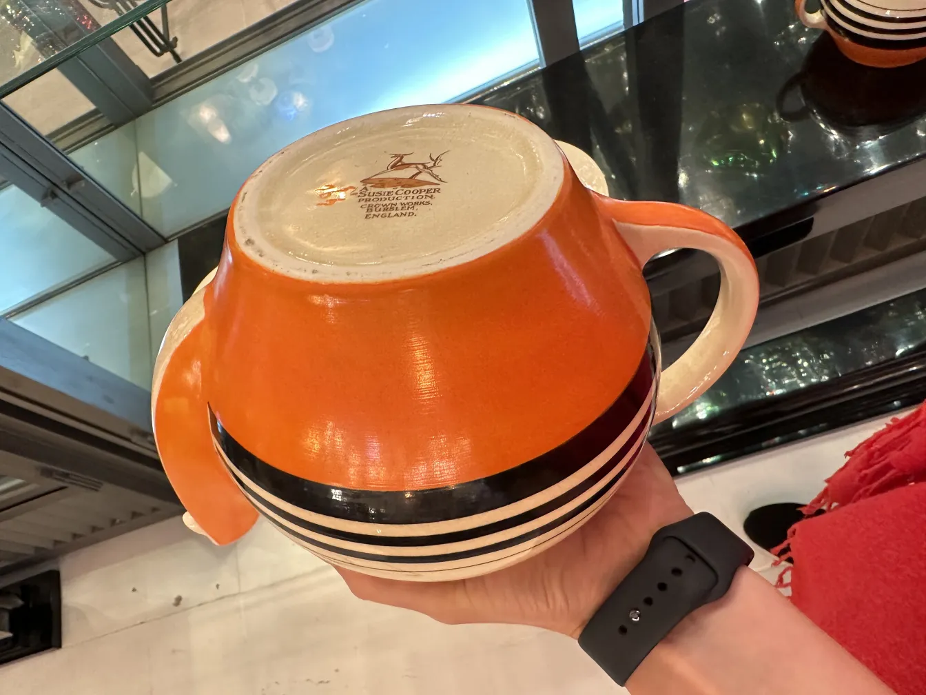 antique tea set with colorful design and thick handles