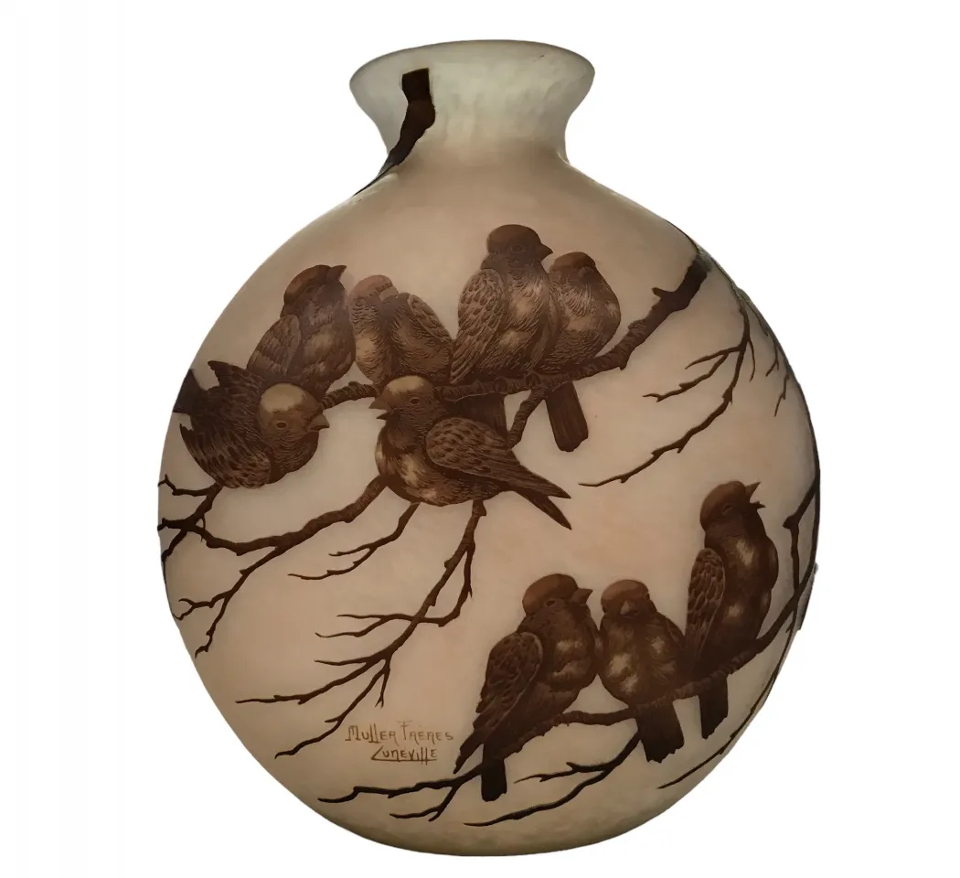 Antique Muller Fres signed glass with birds on branches