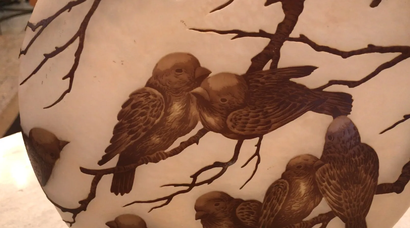 Antique signed glass featuring birds on branches, Muller Fres.