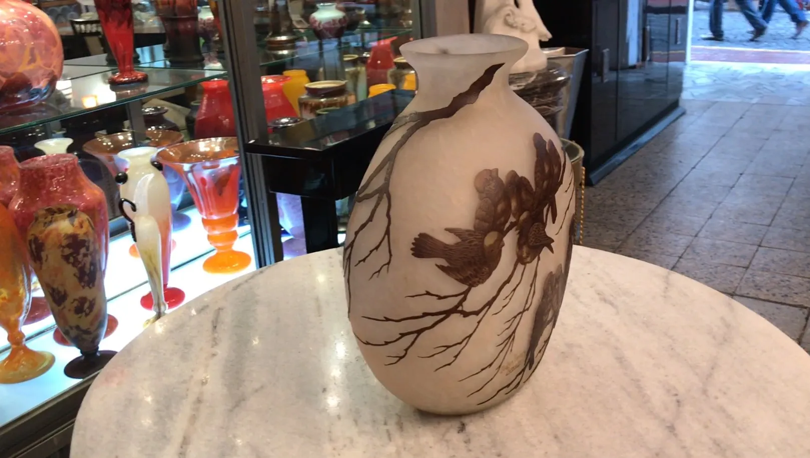 vase antique with bird and branch design, muller freres