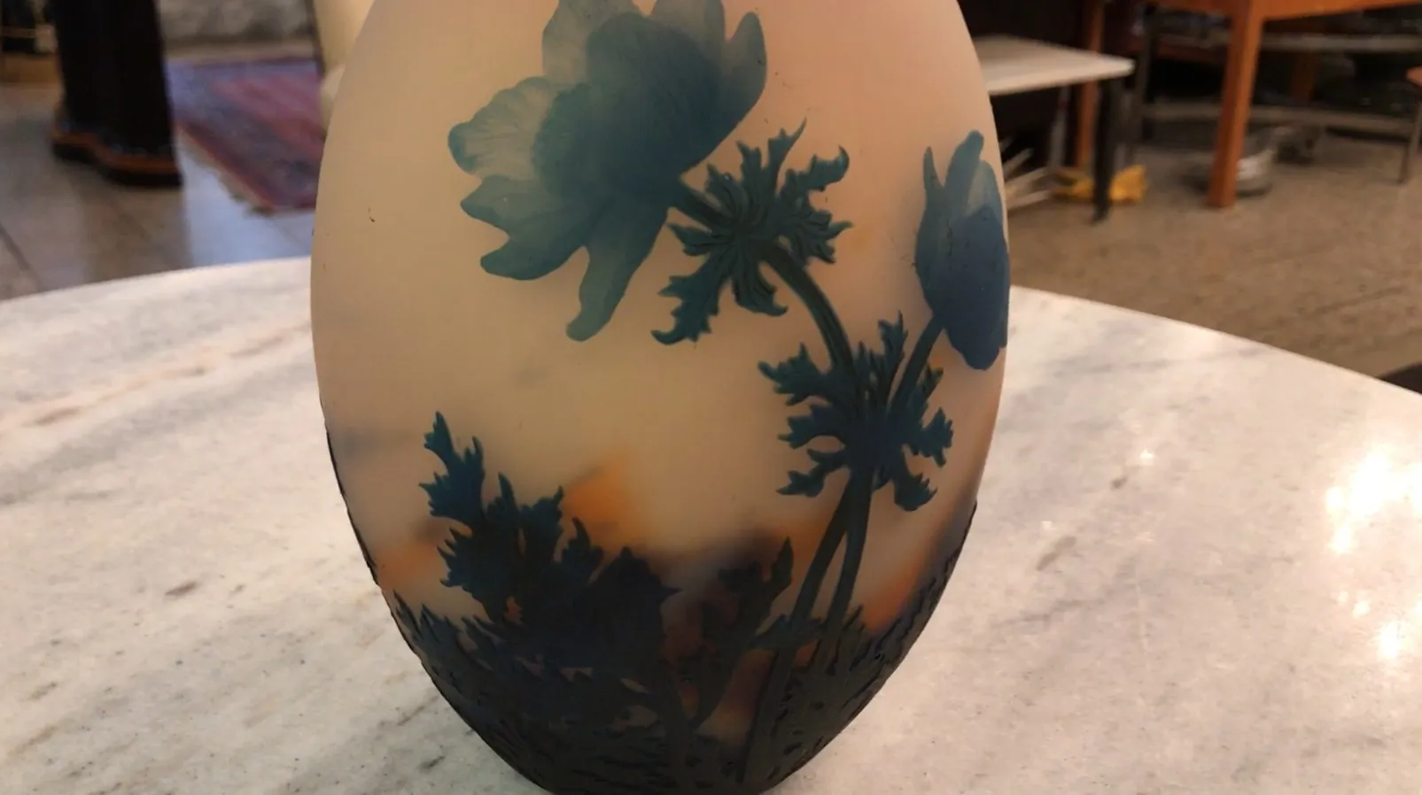 Signed glass Muller Fres featuring blue flowers on a light background.