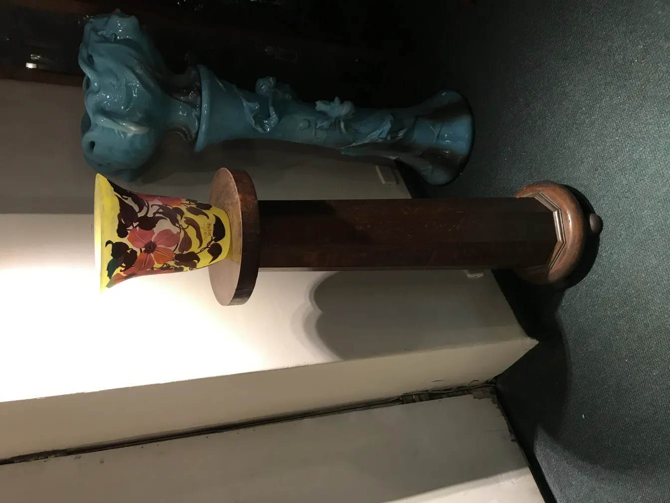 Signed glass muller fres with floral design on a pedestal