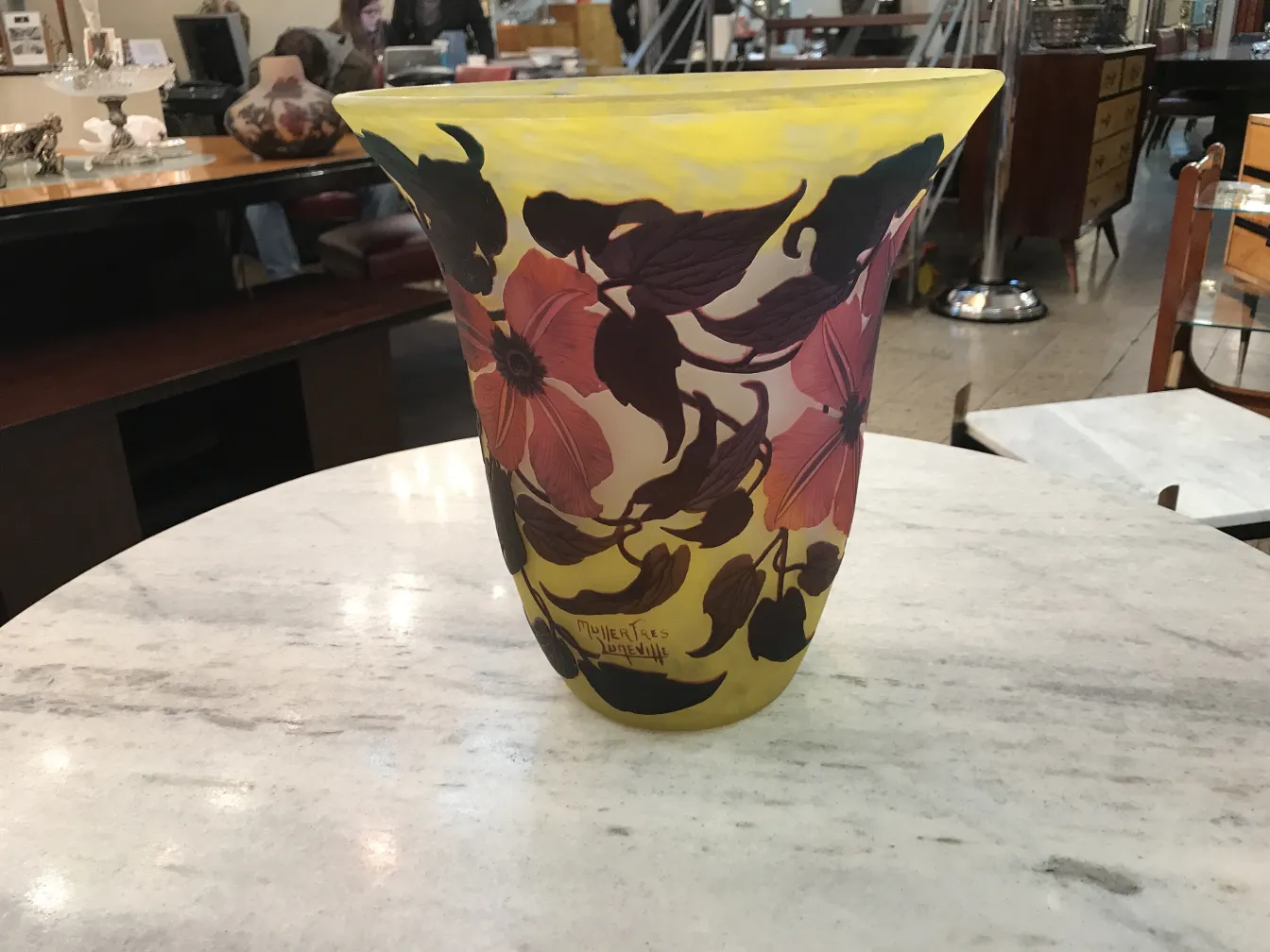antique vase with floral designs and Muller Fres signature