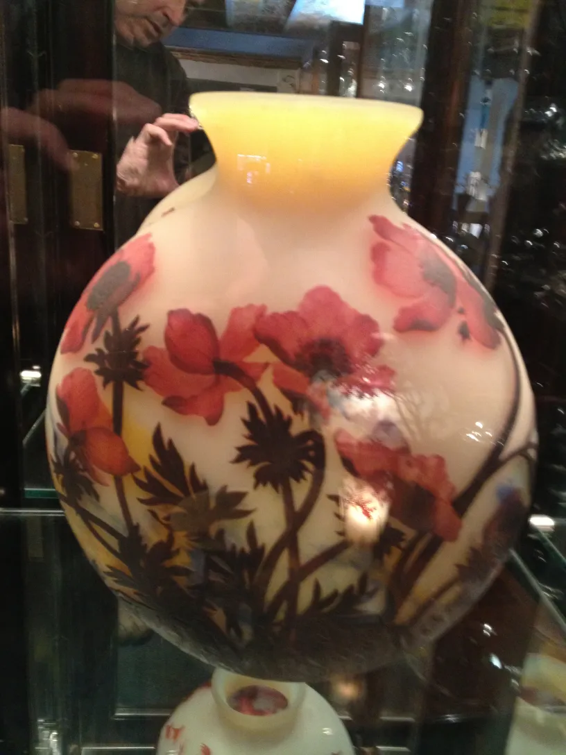 round vase with red flowers, antique muller fres