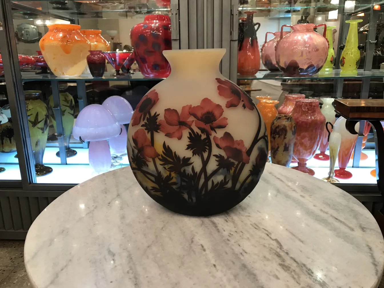 decorativa antigüedad vidrio firmado Muller Fres con detalles florales