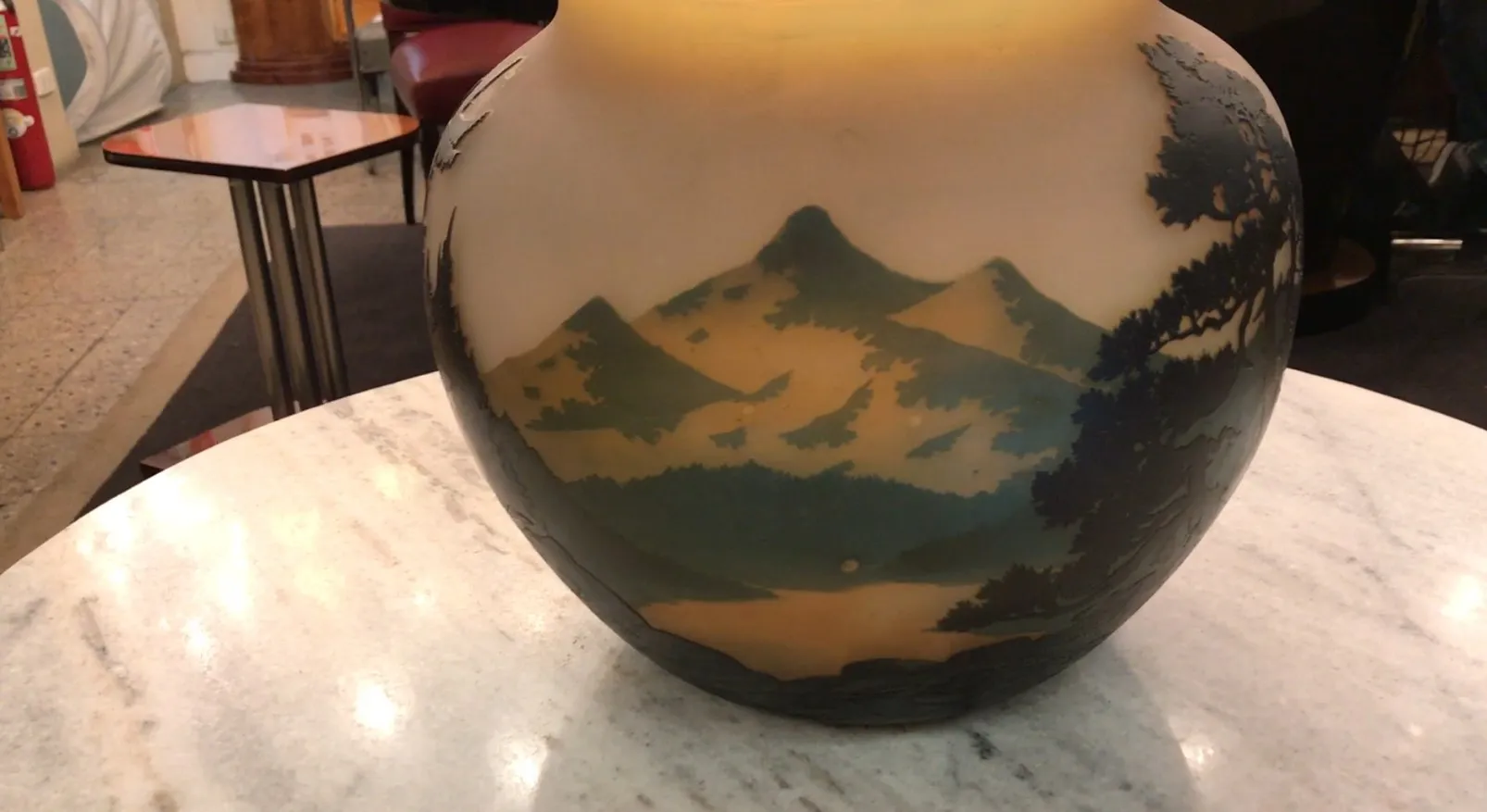 Signed glass Muller Fres showcasing a beautiful mountain landscape.