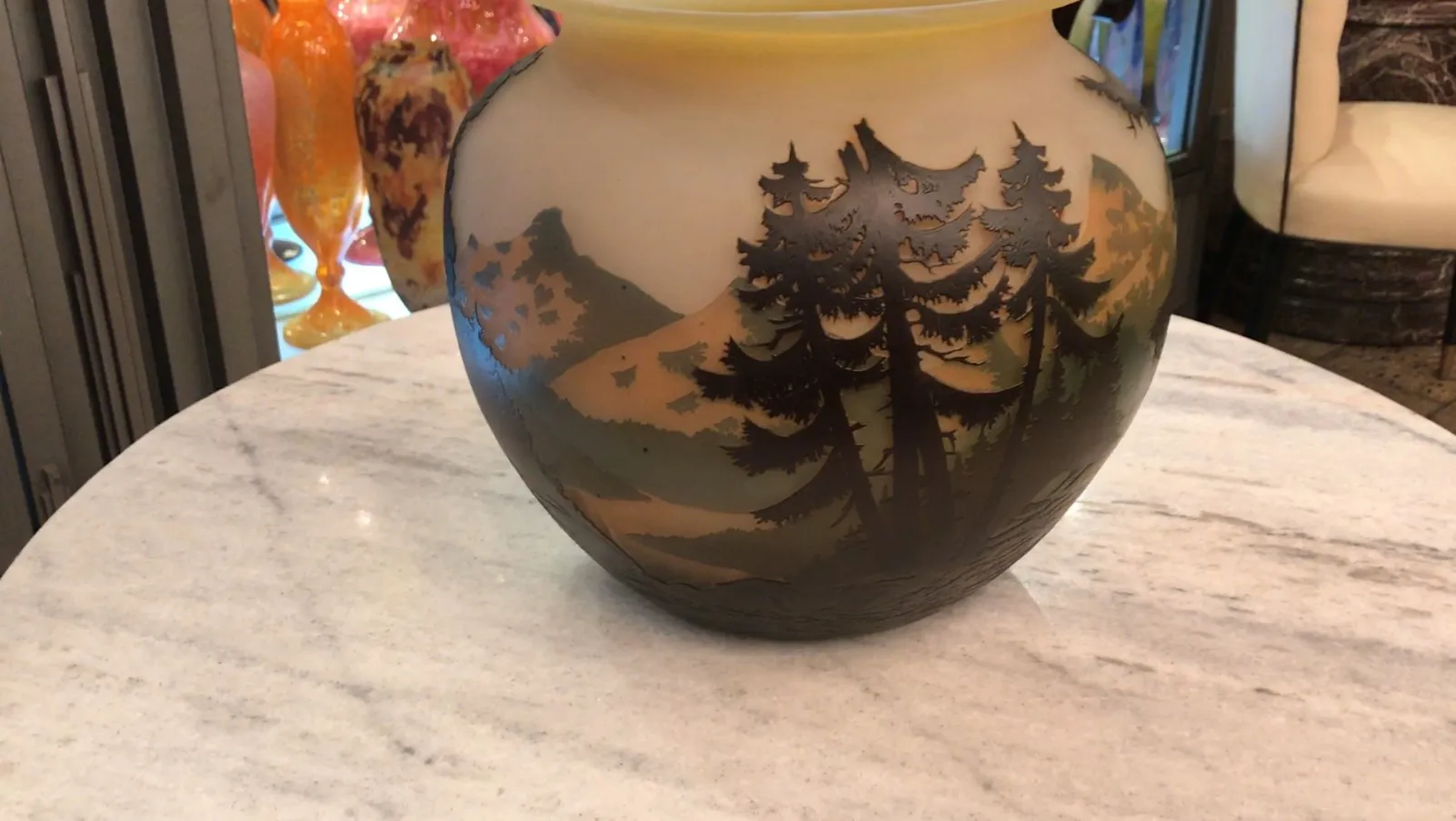 签名玻璃Muller Fres，带有风景和树木设计，古董