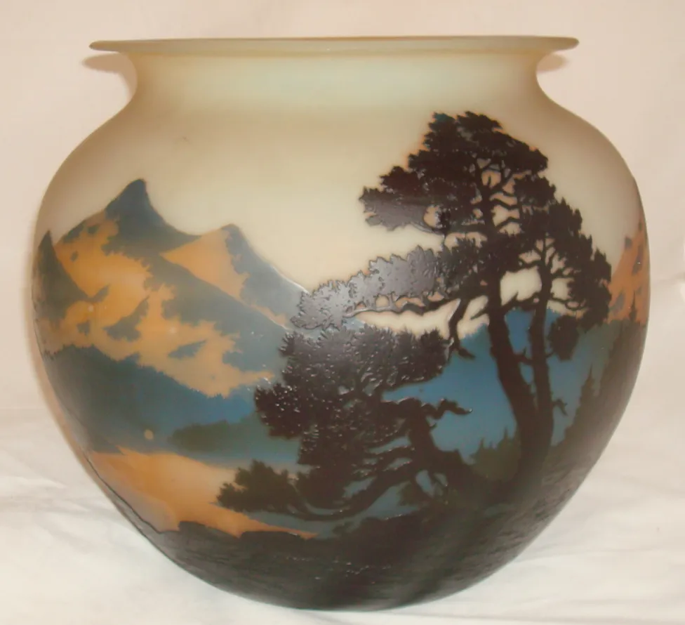 signed glass by muller fres featuring colorful landscapes and elegant shapes