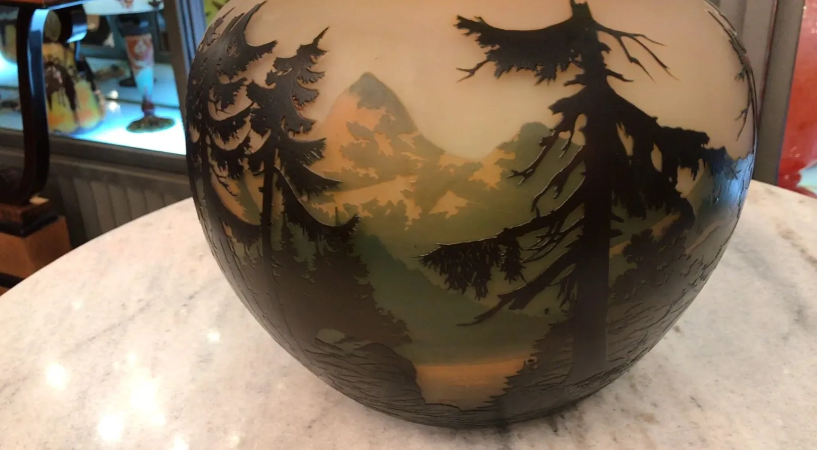 Antique glass with carved landscape, signed by Muller Fres.
