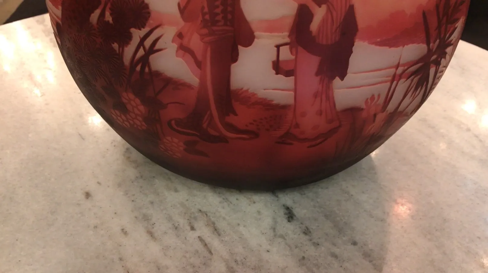 古董签名玻璃，带有风景中的人物，Muller Fres