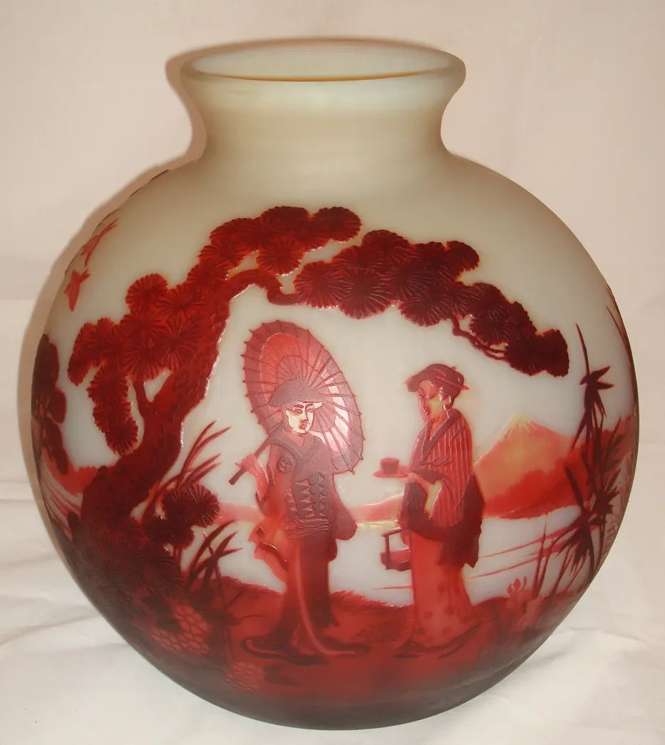 Antique jar with people and scenery decoration, signed Muller Fres