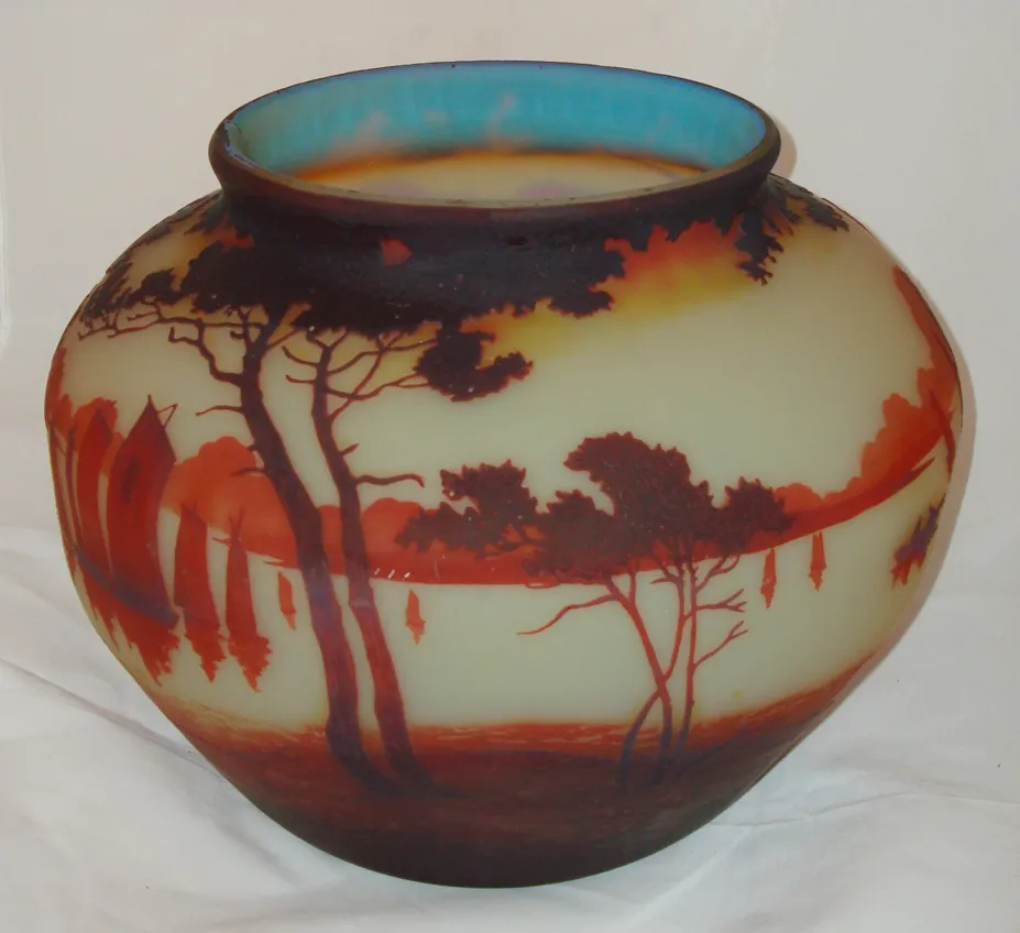 Antique signed glass by Muller Fres depicting trees