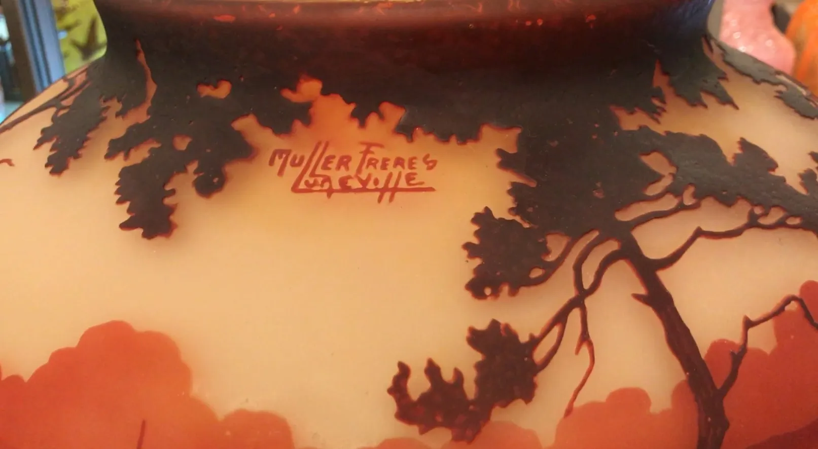 antique glass signed by Muller Fres, natural tree design