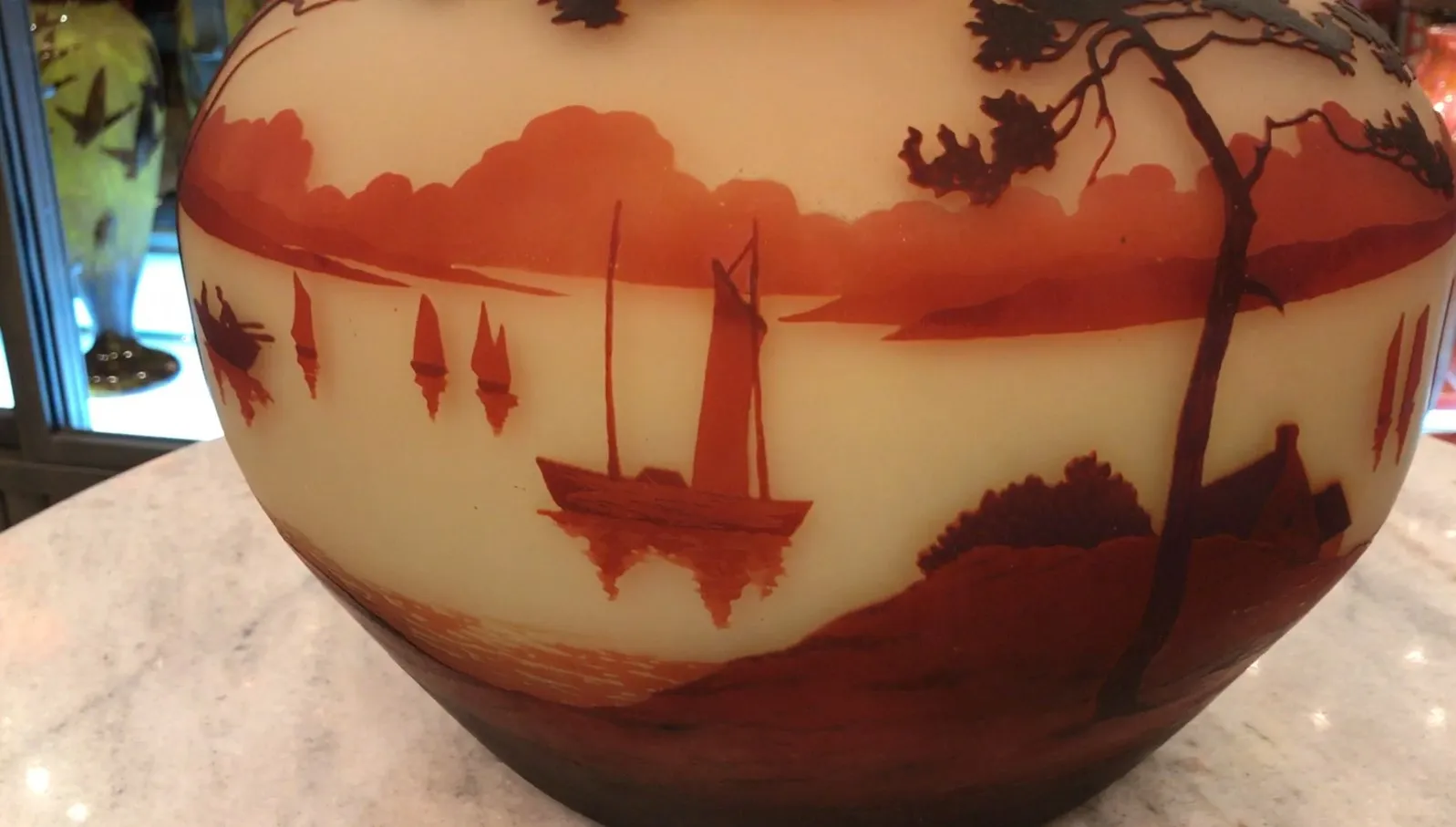 Antique signed glass Muller Fres, featuring a marine landscape