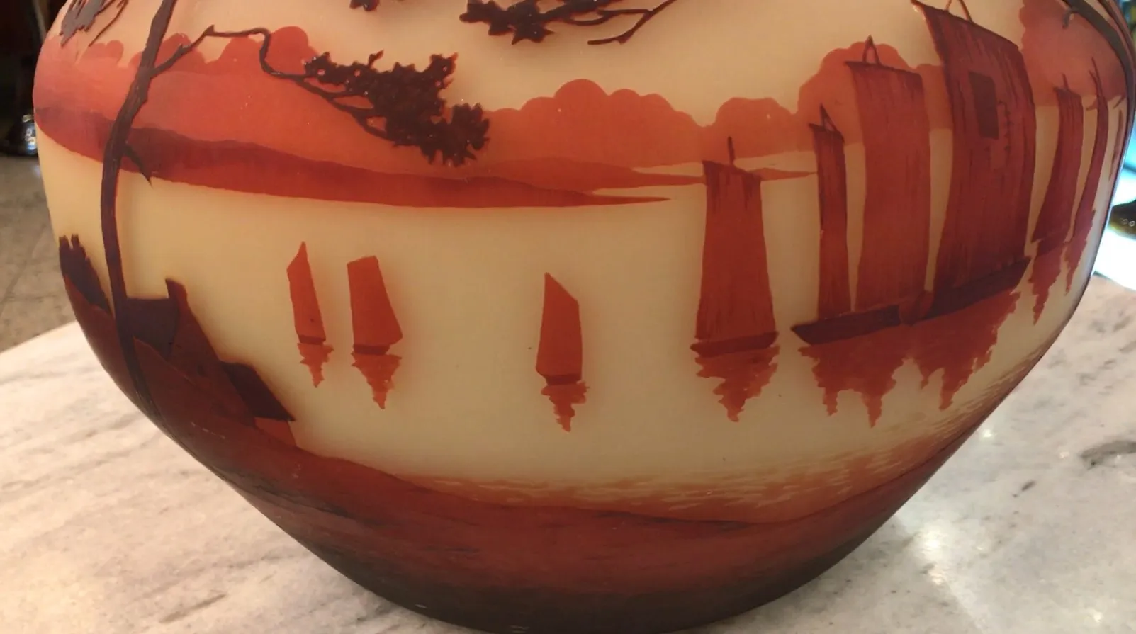 Glass signed Muller Fres depicting sunset and boats, antique.