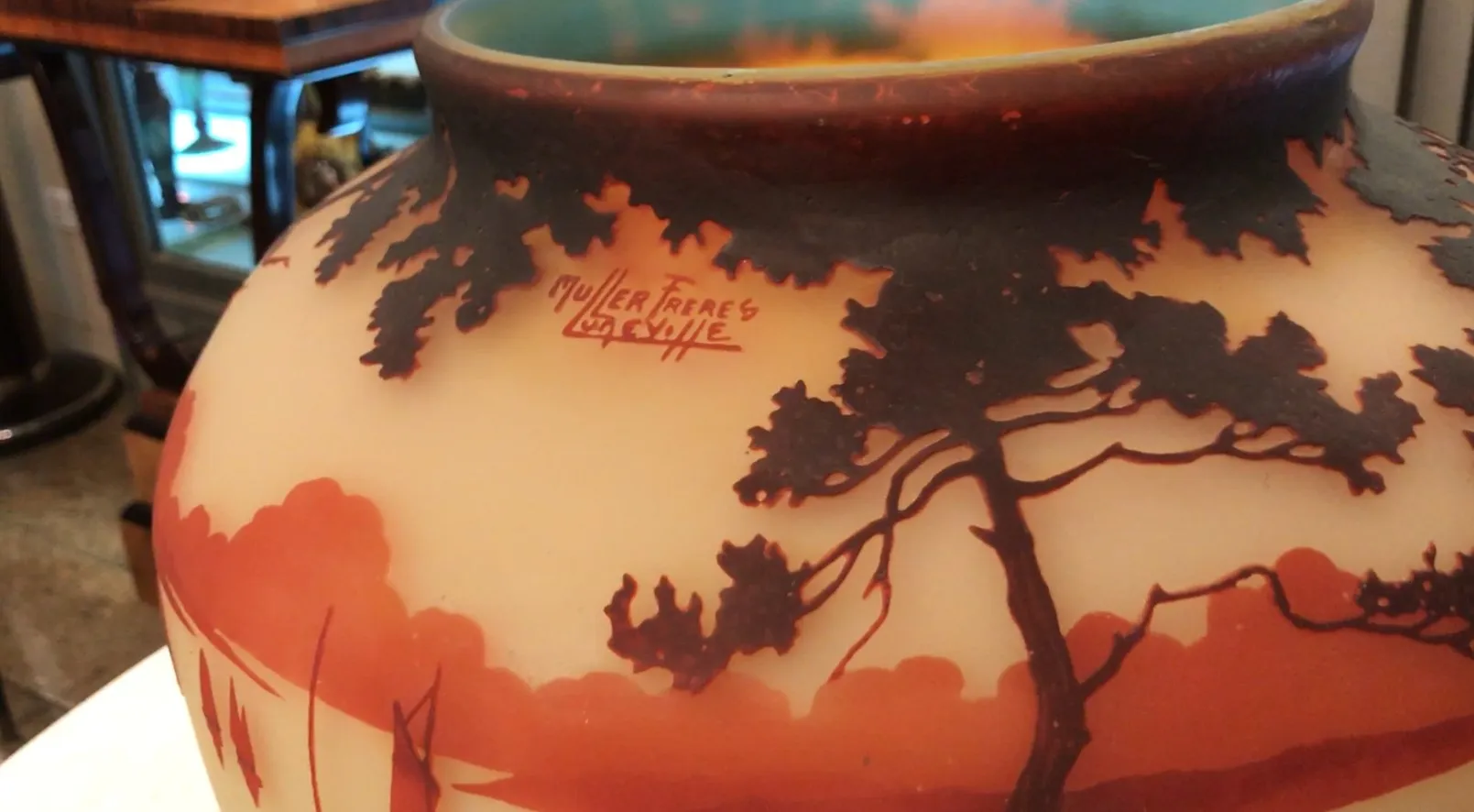 antique signed glass with warm tones, Muller Fres