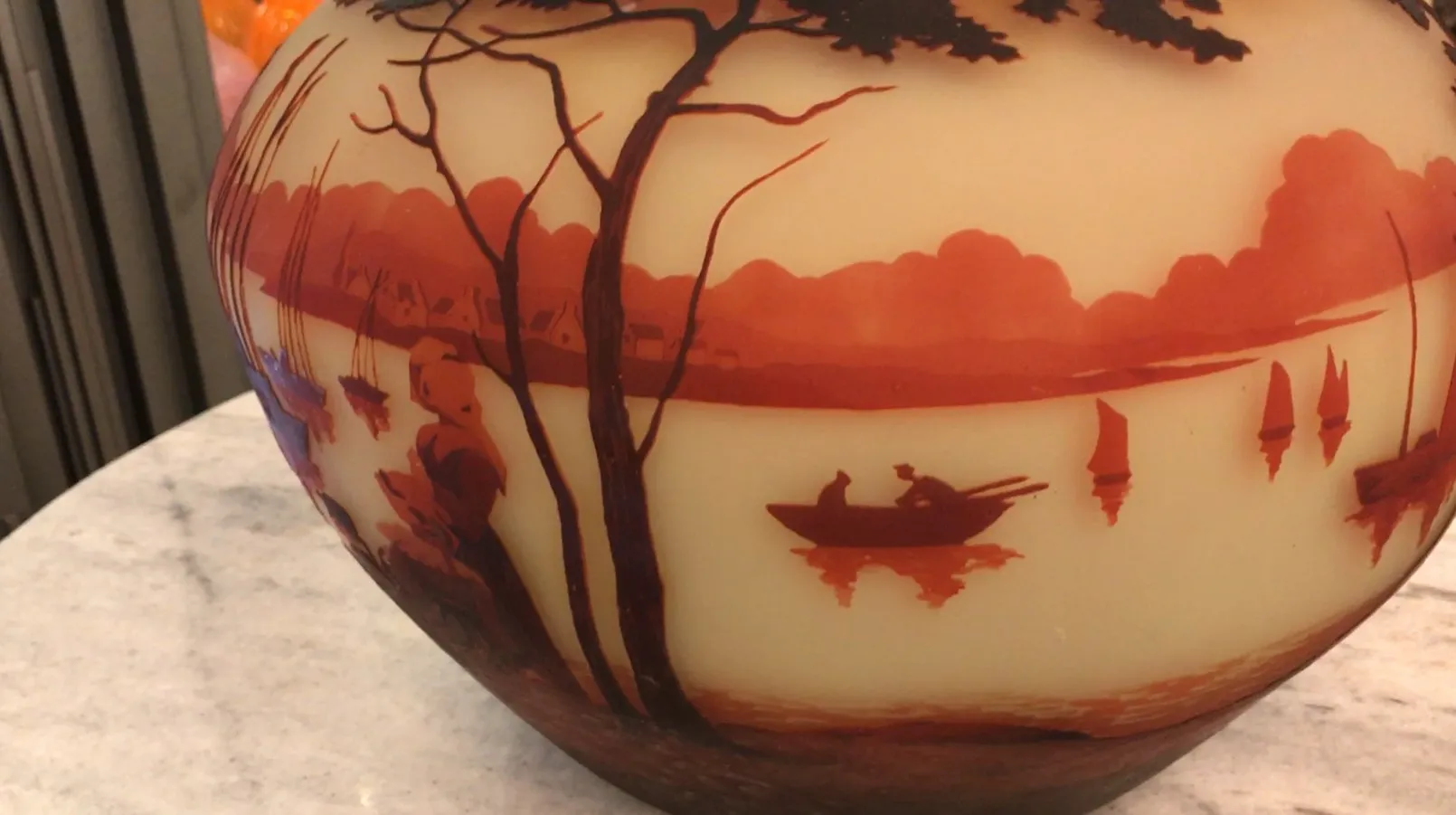 サイン入りグラスMuller Fresの風景とボート、古いスタイル