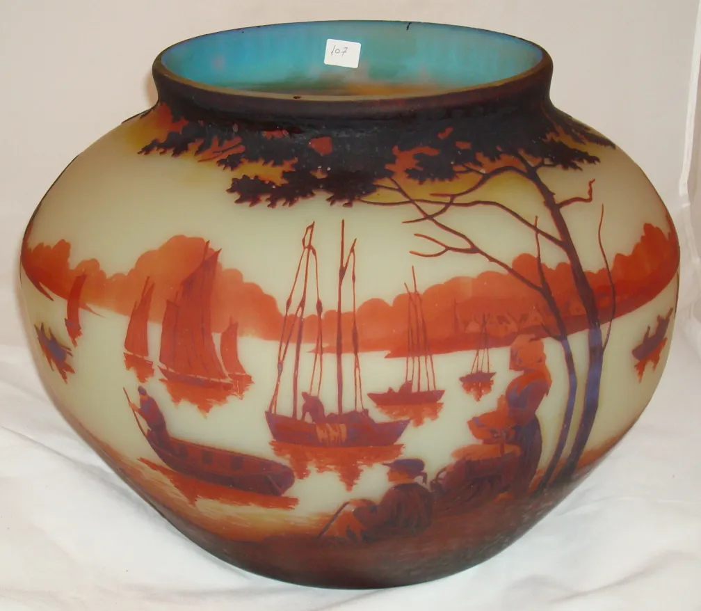 Antique signed glass Muller Fres with landscape of boats and trees