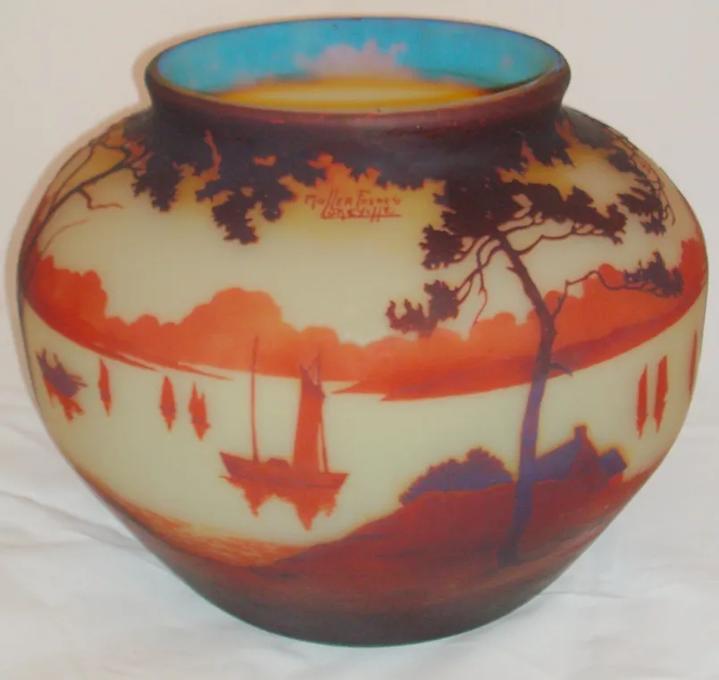 Signed glass by Muller Fres featuring landscape and vibrant colors