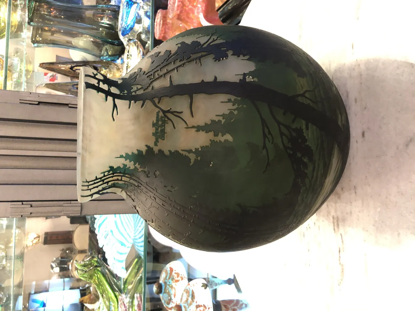 Antique glass featuring tree design signed by Muller Fres.