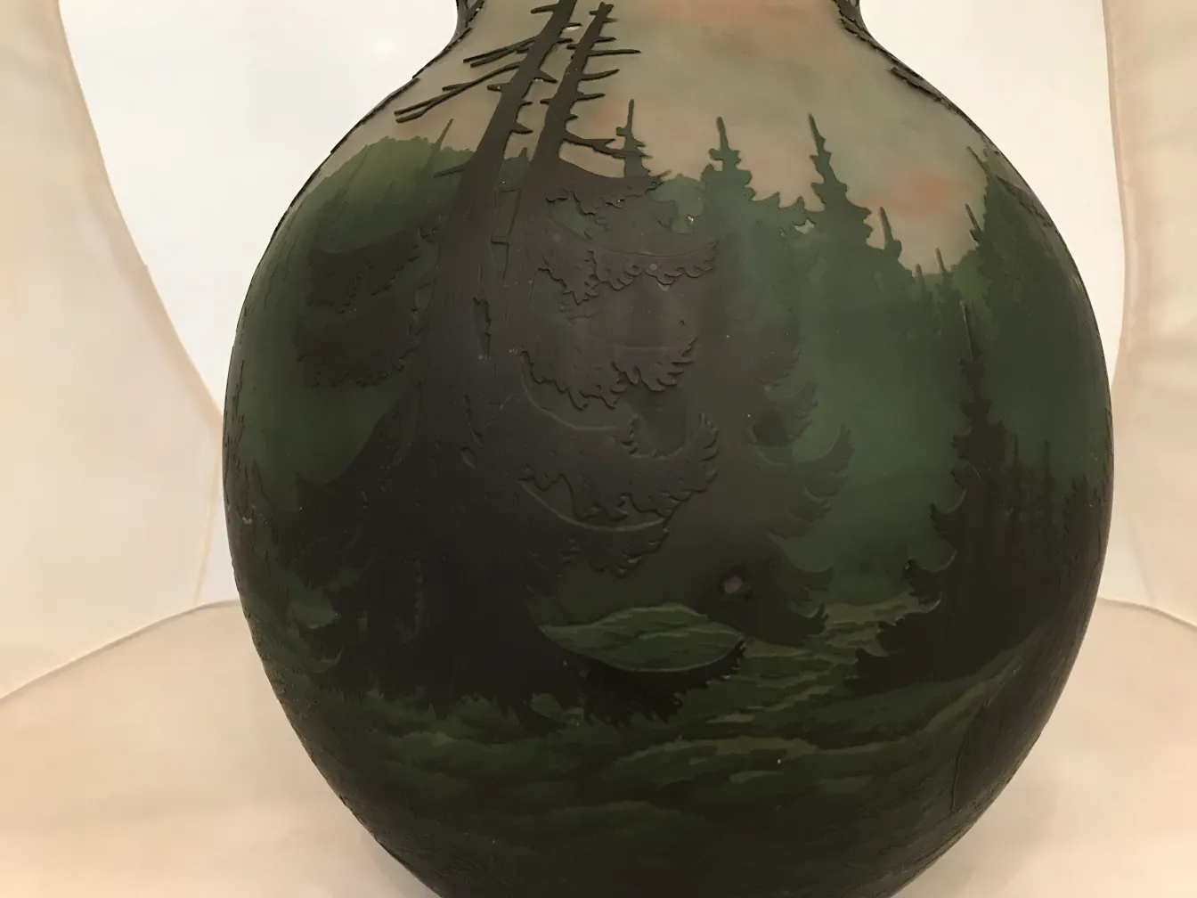 vetro firmato con paesaggio di alberi, antico e decorativo