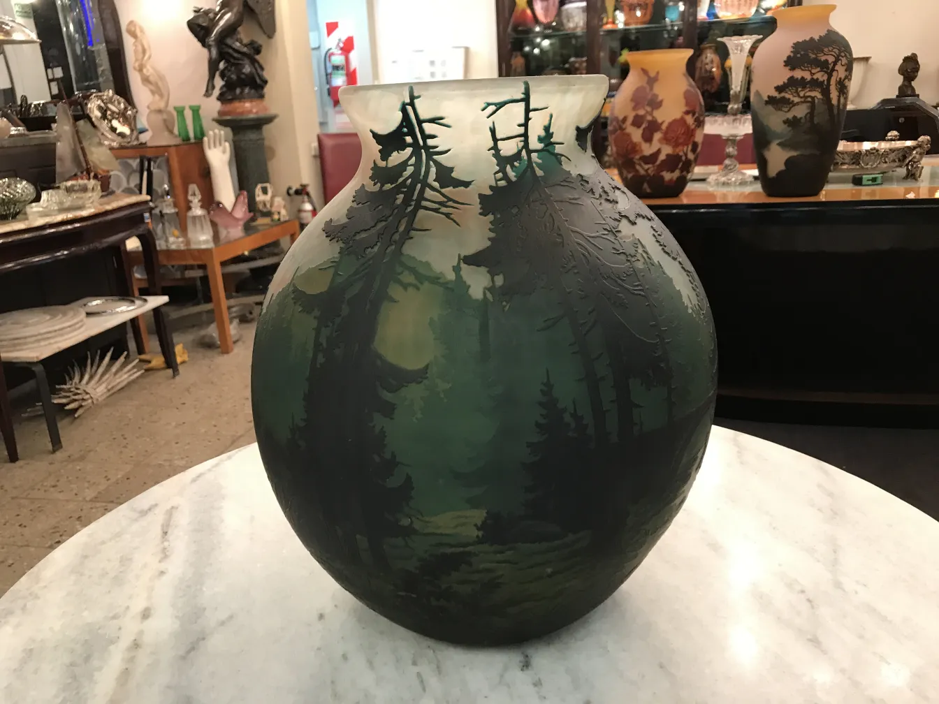 Antique signed glass with natural landscape and tall trees, Muller Fres.