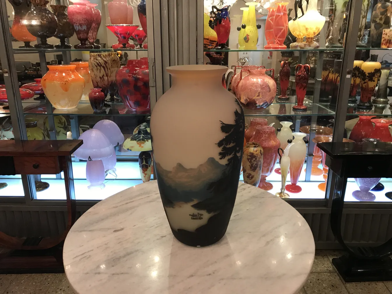Glass vase featuring mountain painting, antique Muller Fres.