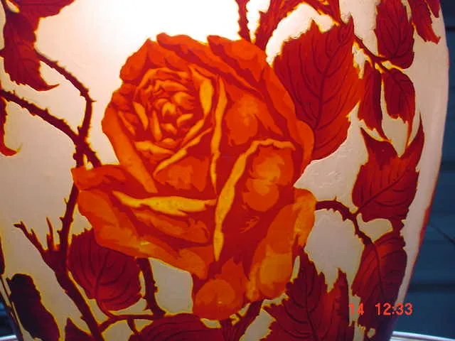 Antique signed glass Muller Fres with red rose design