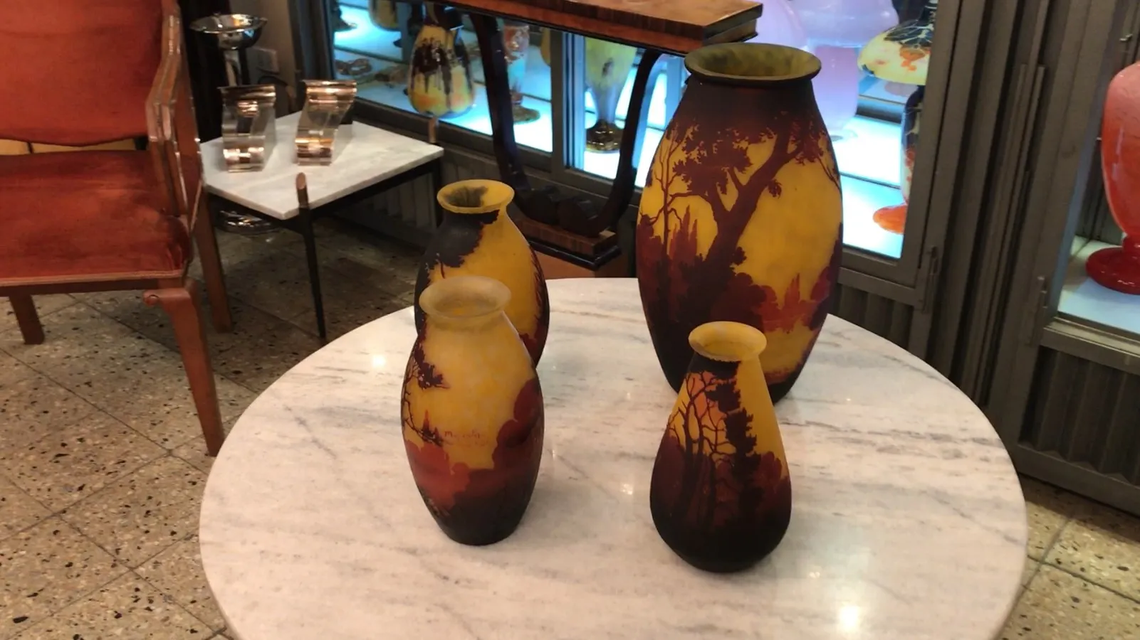 antique glass muller fres decorated with landscapes and vibrant colors