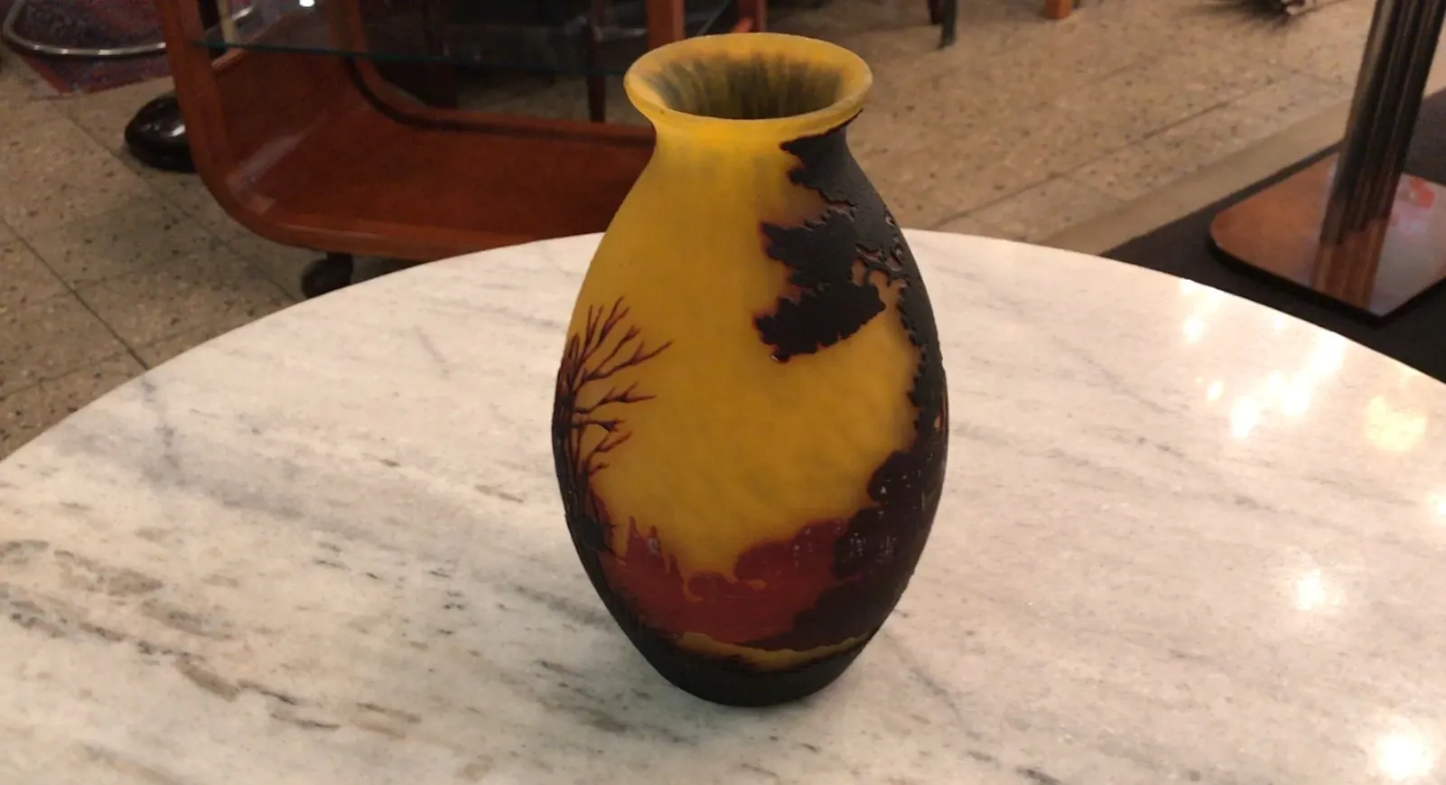 Antique signed glass vase by Muller Freres with landscapes.