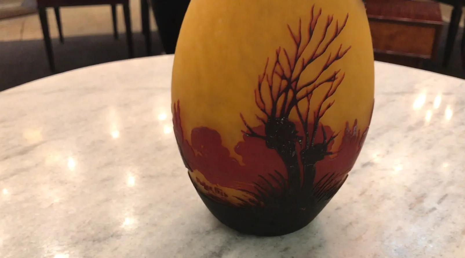 signed glass Muller Fres with painted decoration in black and ochre, landscape background