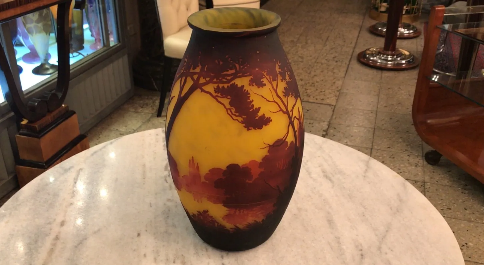 signed glass vase by muller fres featuring natural scenes