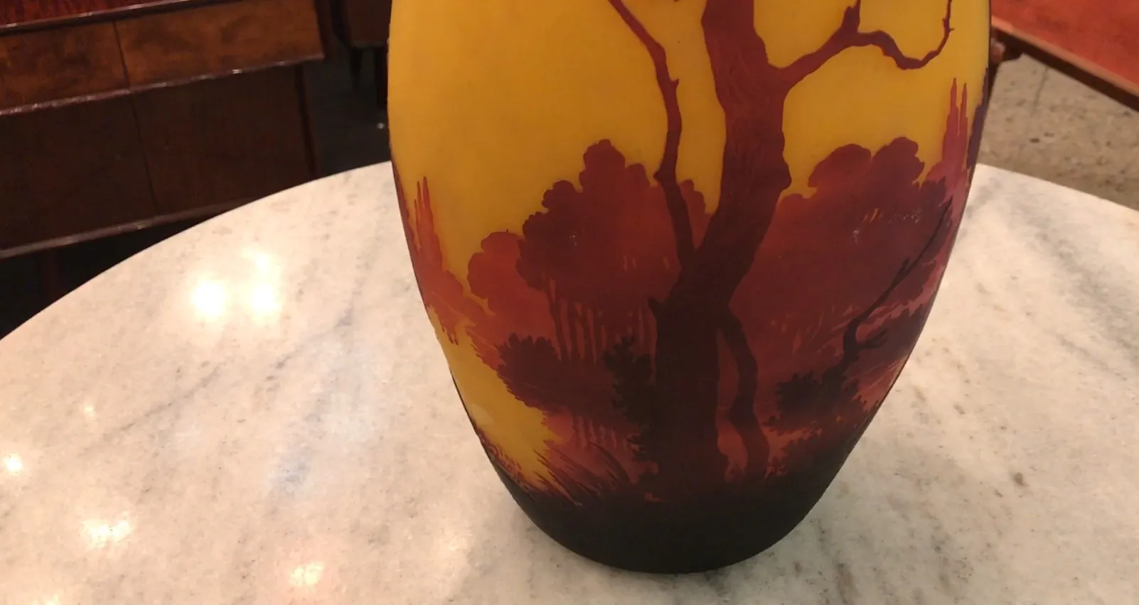 Signed glass by Muller Freres with yellow and red design