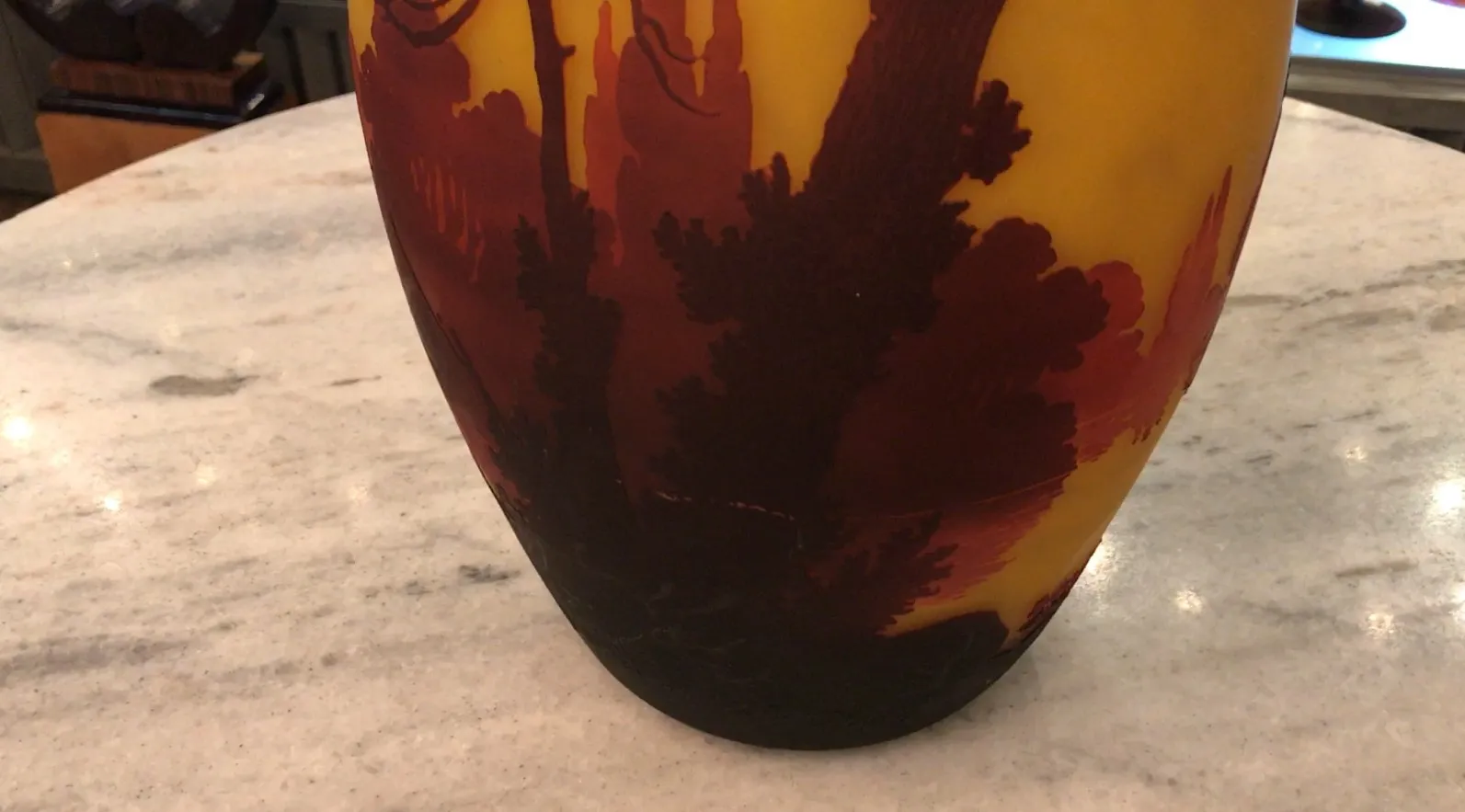 Signed glass Muller Fres featuring warm colors and natural motifs