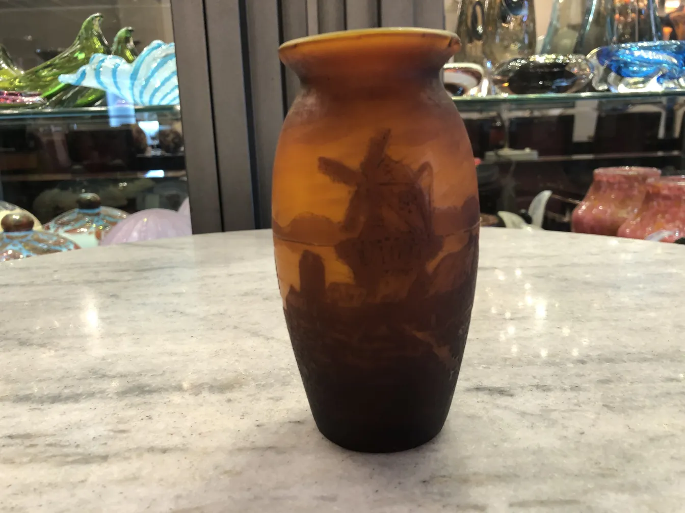 Glass vase depicting a landscape, signed by Muller Fres, antique