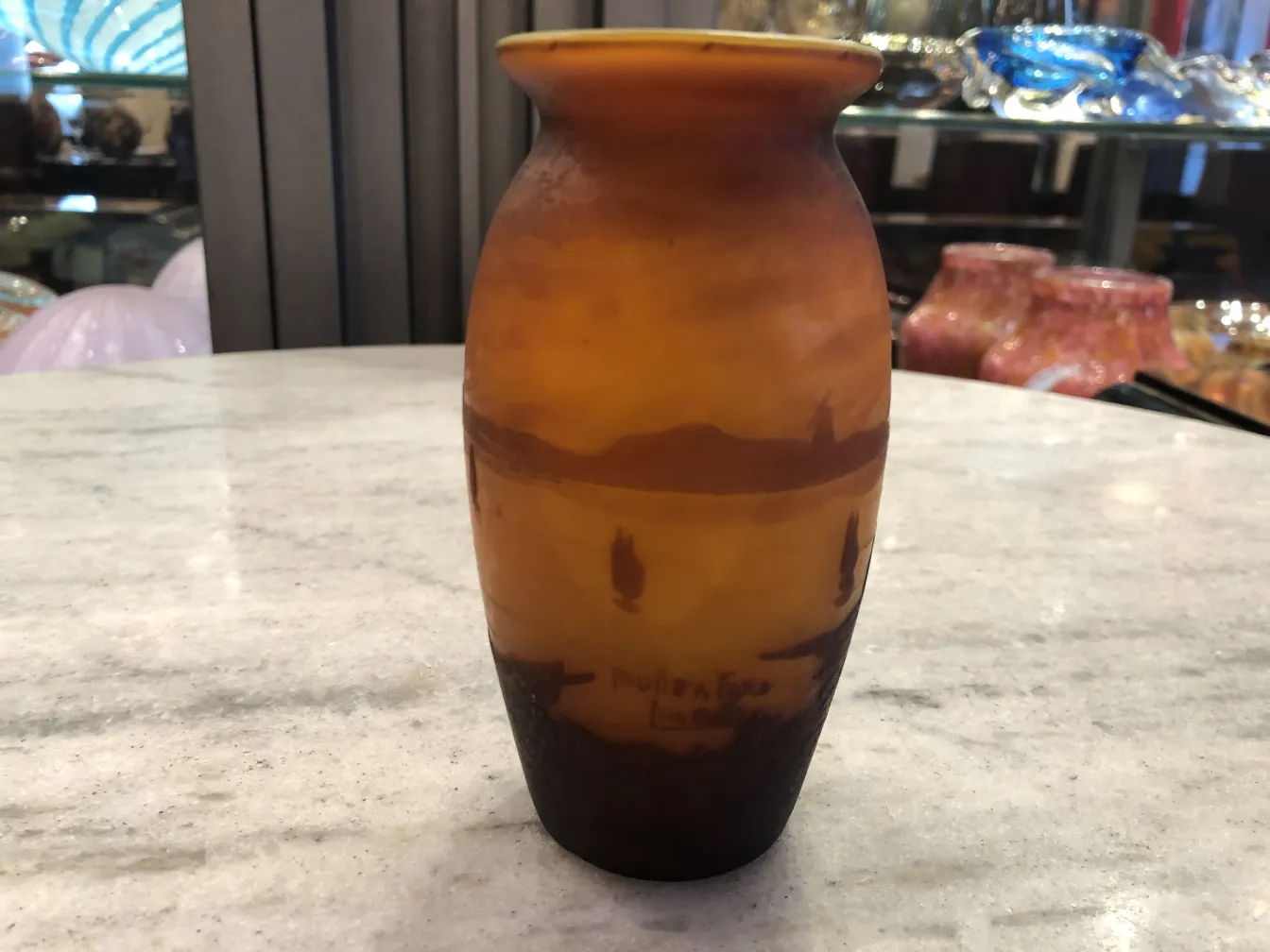 Antique signed glass Muller Fres featuring a landscape scene