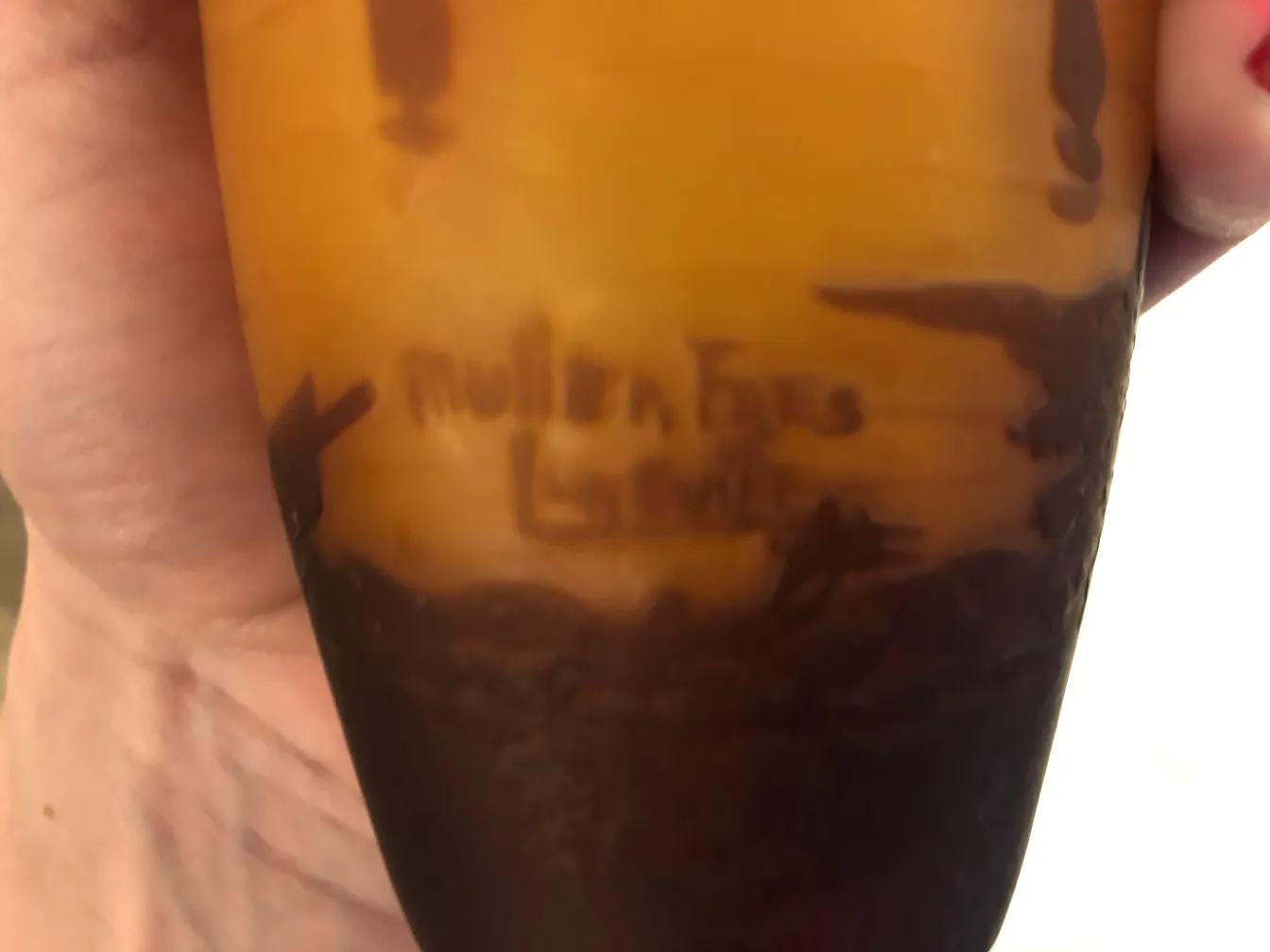 antique glass with muller fres signature, amber color