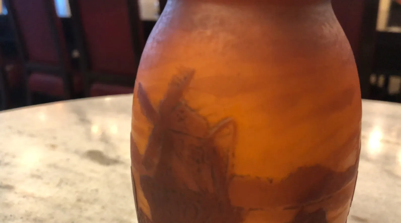 glass signed Muller Fres with intricate design, antique.