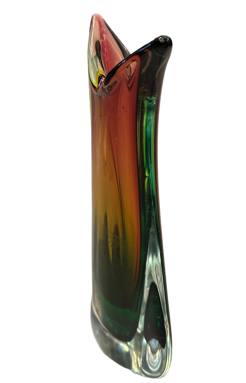 vase di murano antico con design curvo in rosso e verde