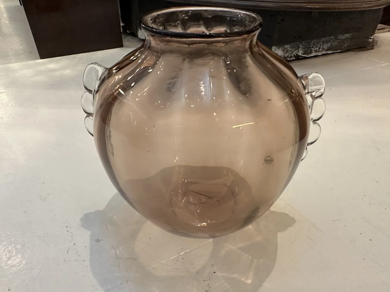 antique murano vase, smoky color, with decorative handles