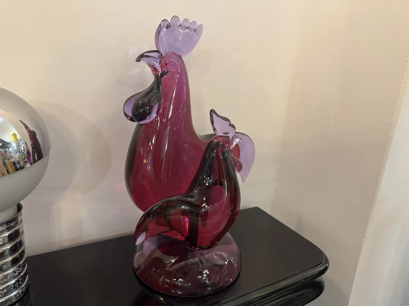 Antique Murano sculpture of a rooster, colorful and vibrant