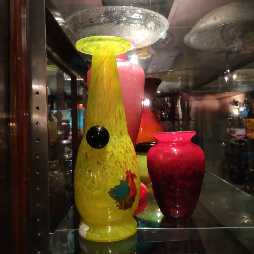 antique signed glass vase by Schneider, colorful detail