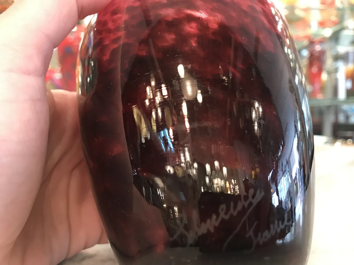 glass with signature, shiny decorative background, antique