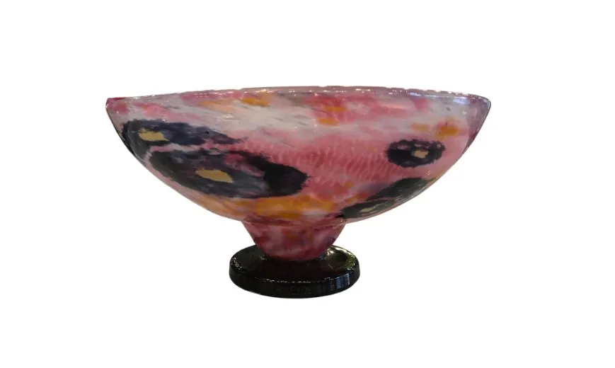Antique decorative glass bowl signed by Schneider featuring colorful design.