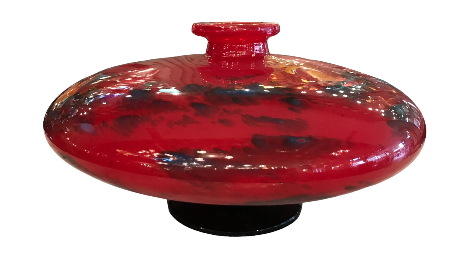 red signed glass with dark details